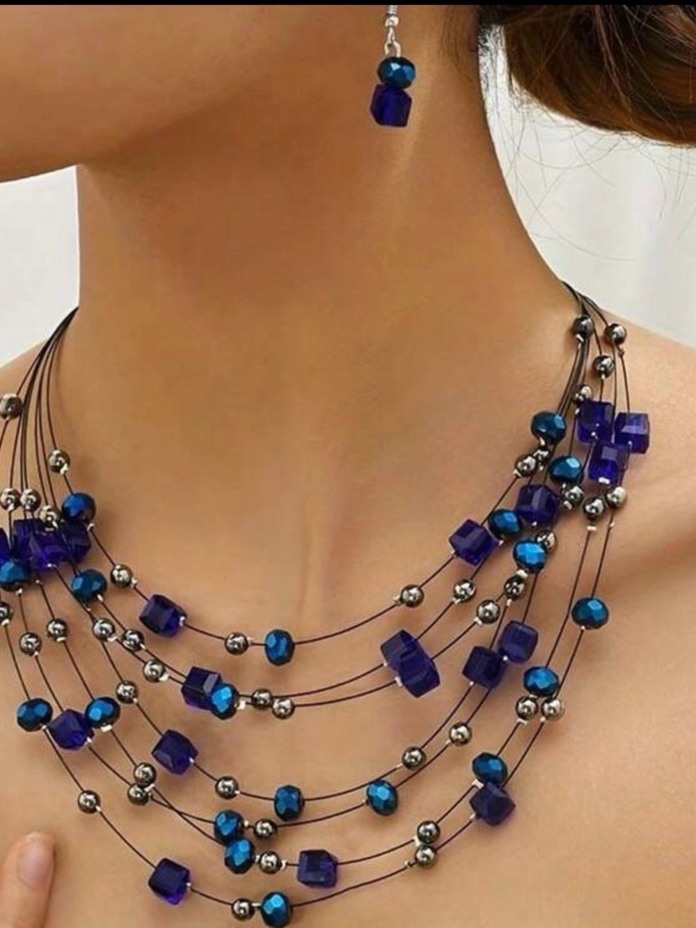 Multi-Strand Cobalt and Silver Bead Necklace